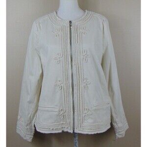 New Chico's Jacket Size 2 Large 12 Embellished Cream Pockets Full Zip Lined $108